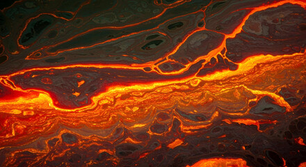 Active Volcano Lava Stream with Burning Hot Magma and Solidified Rock Surface
