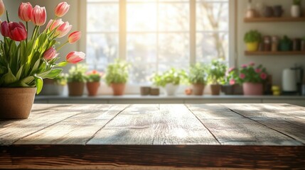 Table Background of Free Space with Kitchen Interior, Spring Flowers, and Sunny Morning