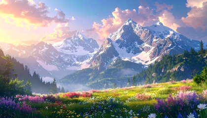 Mountain meadow at sunset