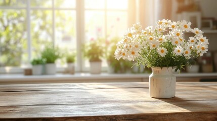 Table Background of Free Space with Kitchen Interior, Spring Flowers, and Sunny Morning