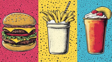 Taco, Burger, Milkshake, Donut: Colored Halftone Stipple Collage for Retro Pop Art Stickers