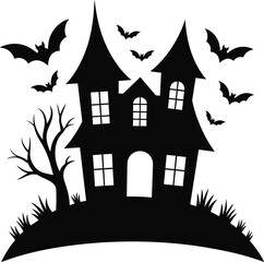 Haunted House Silhouette Vector Featuring Spooky Tree, Bats, and Hill for Halloween, Horror, Gothic, and Scary Design Themes