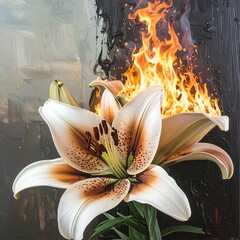 A lily flower engulfed in flames