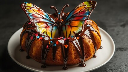 Marble ring cake with chocolate sauce and colorful butterfly shaped
