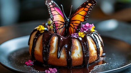 Marble ring cake with chocolate sauce and colorful butterfly shaped