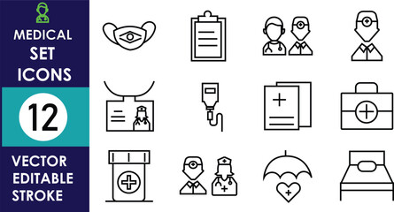 A clean medical vector icon set featuring twelve outline symbols, including mask, doctor, nurse, clipboard, IV drip, medicine, health card, hospital bed, and umbrella