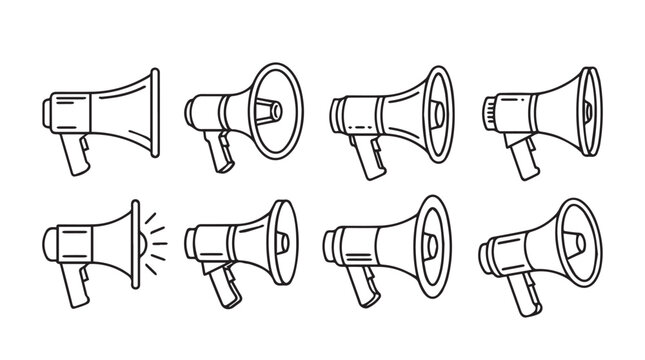 Collection of hand drawn megaphone icons representing announcements and communication vector
