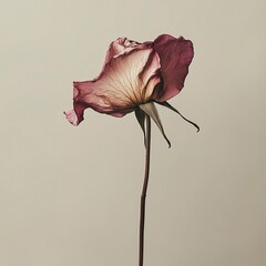 A striking image of a single, withered flower with delicate, translucent petals in shades of pink and purple. The flower stands against a neutral background, highlighting its intricate textures and