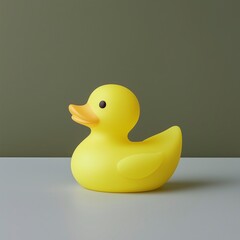 A bright yellow rubber duck sits on a smooth, light gray surface against a muted green background. The duck's simple design and cheerful color make it a classic symbol of childhood and playfulness.