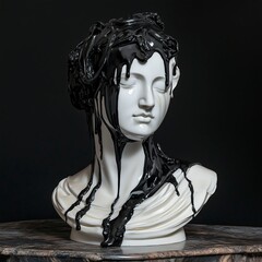 A classical white marble bust is dramatically covered in glossy black paint, creating a striking contrast. The sculpture sits on a marble pedestal against a dark background, highlighting the