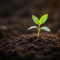 A vibrant green seedling emerges from rich, dark soil, symbolizing new beginnings and growth. The close-up shot captures the delicate leaves and the promise of life, set against a blurred earthy