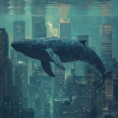 A surreal image of a giant whale swimming through an underwater cityscape, blending marine life with urban architecture. The scene evokes a sense of wonder and imagination, highlighting the contrast