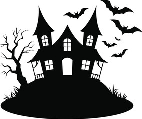 Haunted House Silhouette Vector Featuring Spooky Tree, Flying Bats, and Hilltop Scene for Halloween, Horror, and Gothic Design Themes