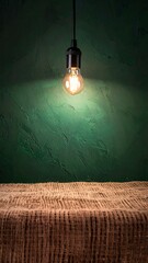 A lit bulb over a textured surface