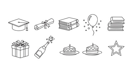 Graduation celebration icons set with cap diploma books gift champagne cake star balloons vector