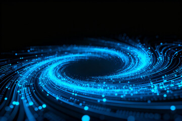 Abstract digital spiral with glowing blue circuit patterns and data points on a dark background
