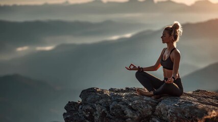 Yoga practice on majestic mountain at sunrise with a fitness girl achieving tranquility and balance in nature