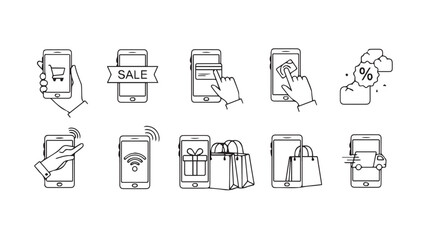 Mobile shopping icons set handheld devices app interface elements for online retail and e-commerce vector