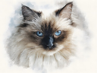 Watercolor illustration of a fluffy Ragdoll cat