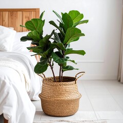A lush houseplant in a woven basket, placed in a bright bedroom