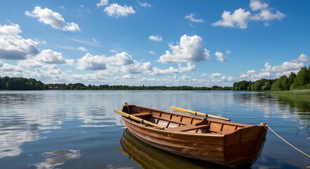 Obraz premium Wooden rowboat on calm lake