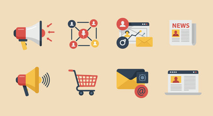 Eight flat design marketing and business icons arranged in two rows