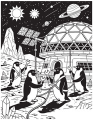 Penguin Astronaut Engineers Coloring Page Building Space Dome Habitat with Tools and Planets Printable Line Art