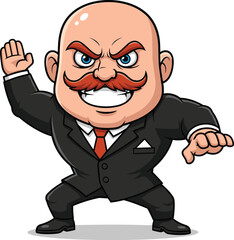 Cartoon bald man, red mustache character, black suit pose, martial arts stance, vector illustration, white background, aggressive, funny expression