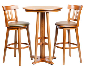 Wooden Bar stools with high table. Round wooden table and two chairs bar isolated on white background ,PNG. AI Generated.