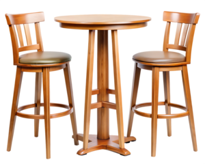Wooden Bar stools with high table. Round wooden table and two chairs bar isolated on white background ,PNG. AI Generated.