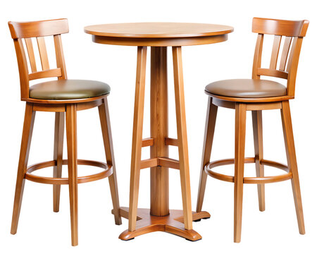 Wooden Bar stools with high table. Round wooden table and two chairs bar isolated on white background ,PNG. AI Generated.