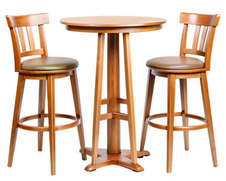 Wooden Bar stools with high table. Round wooden table and two chairs bar isolated on white background ,PNG. AI Generated.