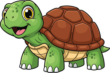 Cartoon turtle smiling, green shell animal, cute character, vector illustration, white background, friendly expression, children’s design, happy cartoon pose