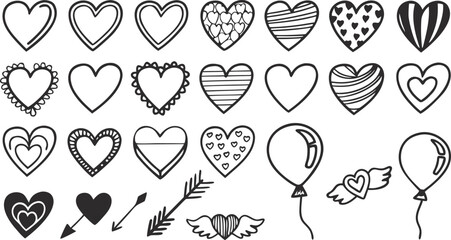 “Black and White Hand Drawn Heart Icons Set – Doodle Vector Collection of Solid and Outline Hearts”