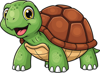Cartoon turtle smiling, green shell animal, cute character, vector illustration, white background, friendly expression, children’s design, happy pose