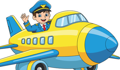 Cartoon, airplane, pilot, cockpit, waving, uniform, travel, aviation, yellow, blue, cheerful, character, vector, illustration, windows, flying, friendly, animated, red, background