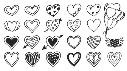 “Black and White Hand Drawn Heart Icons Set – Doodle Vector Collection of Solid and Outline Hearts”