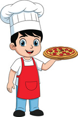 Cartoon, chef, boy, pizza, cooking, food, apron, hat, smiling, child, kitchen, pepperoni, vegetables, blue, eyes, black, hair, vector, illustration, background