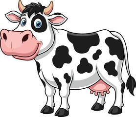 Cartoon, cow, animal, farm, livestock, cute, friendly, black, white, spots, horns, udder, vector, illustration, standing, pink, snout, blue, eyes, cow, animal, farm, , black, , vector, illustration, 