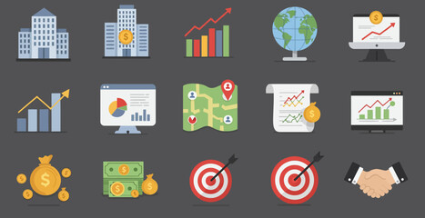 Twelve flatdesign finance and business icons arranged in three rows on a dark gray background