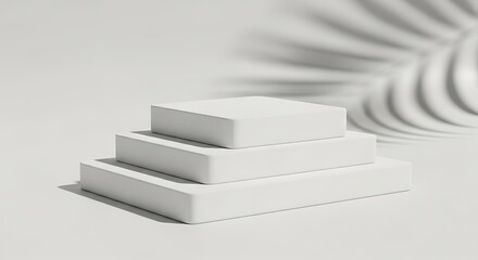 Minimalist product display featuring a threetiered white podium against a soft background with subtle leaf shadows creating an elegant and clean presentation
