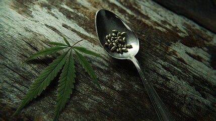 Marijuana seeds spoon and marijuana leaf on wood background