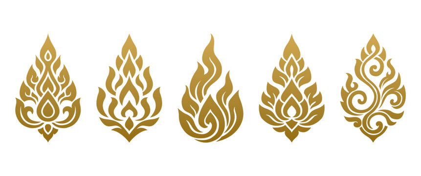 Set of Golden Thai Art Icons, Traditional Floral and Kanok Symbols for Spa and Wellness Logo Design