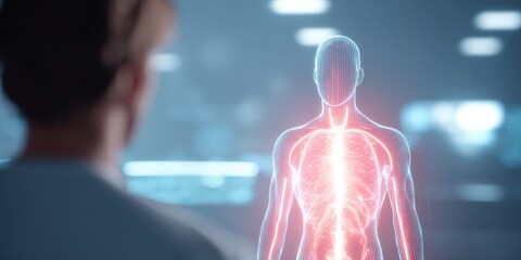 Virtual Human Twin standing in front of real person, displaying biometric body scan with futuristic interface