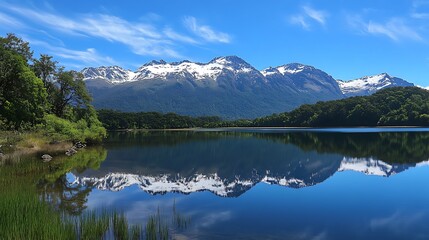 Fototapeta premium Experience the majestic mountains reflecting in the clear blue waters, a serene escape
