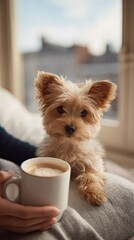 Puppuccino Morning Coffee Ritual with Dog Sitting on Owner’s Lap in Cozy Cafe and Drinking from Small Cream Cup