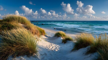 Peaceful photograph of pristine sand dunes topped with waving marram grass on a beautiful, secluded beach leading down to a calm blue ocean.