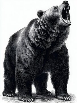 A large brown bear stands roa loudly with an open mouth displaying dangerous teeth in monochrome drawing.