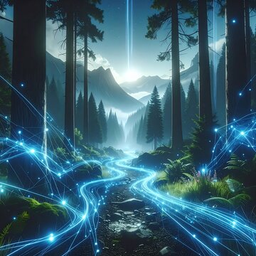 Mystical forest path with glowing trails