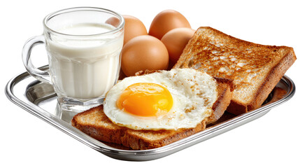 Fototapeta premium Breakfast Tray: A tempting breakfast tray presents a delightful arrangement of golden toast, a sunny-side-up egg, fresh eggs, and a glass of milk, offering a taste of morning bliss. 